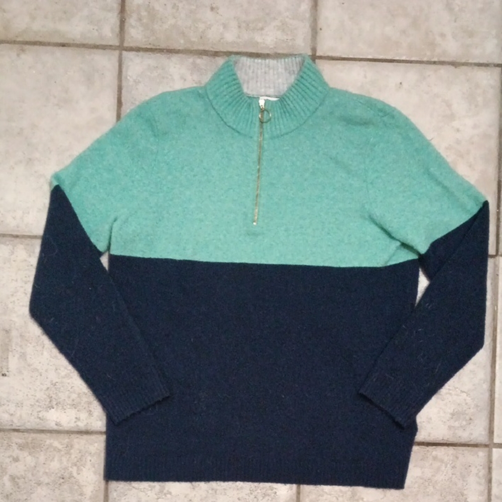 EUC J. Crew Women's Sweater - Green and Navy. Medium. Gold 1/4th Zipper Front.